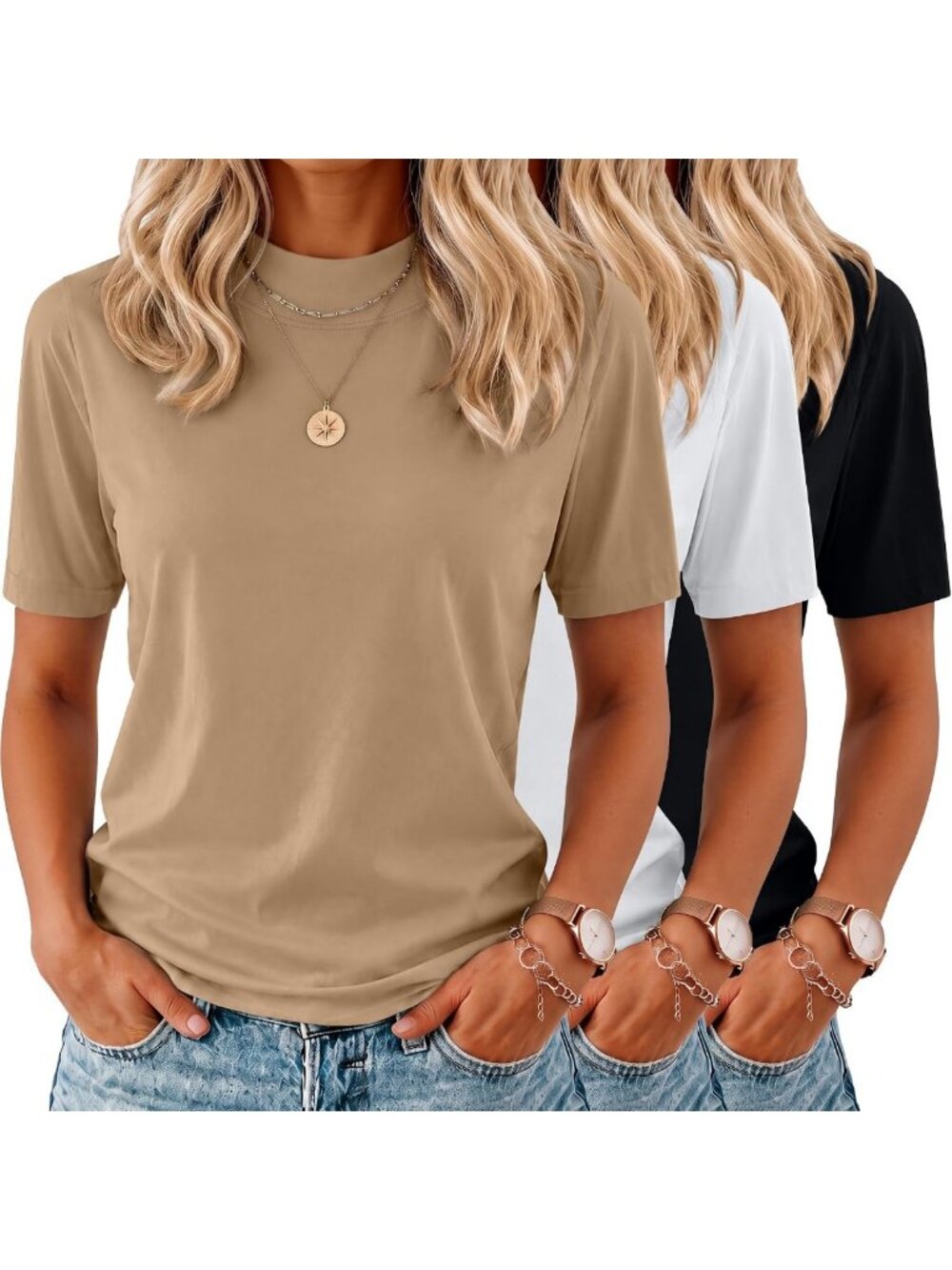 3 Pack Women's Short Sleeve Mock Neck T-Shirts - Casual & Stylish Tops